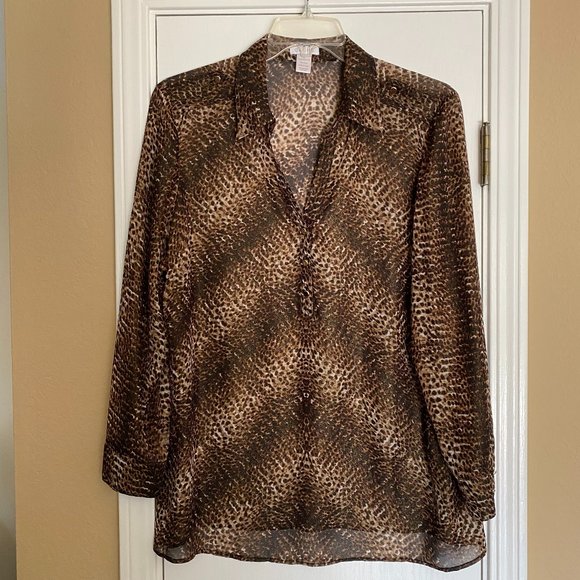 cache animal print sheer long sleeve blouse - Picture 1 of 4